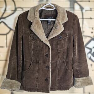Vintage Northcrest Women's Dark Brown Corduroy Jacket with Tan Fur Collar Sz S